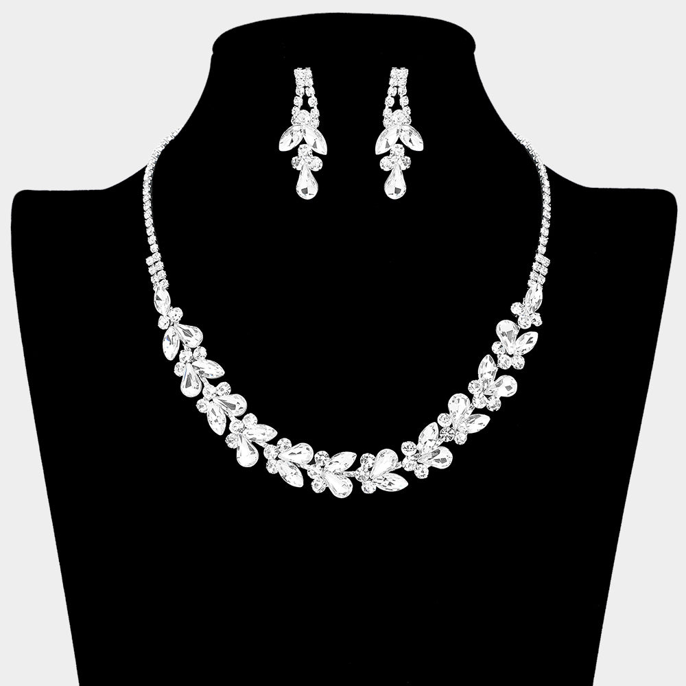 Clear marquise and teardrop rhinestone prom and evening necklace set on silver displayed on black mannequin necklace bust