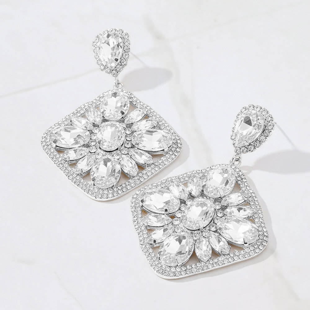 Clear Oval Marquise Stone Cluster Rhinestone Statement Earrings – Glam Evening & Pageant Jewelry |  537245
