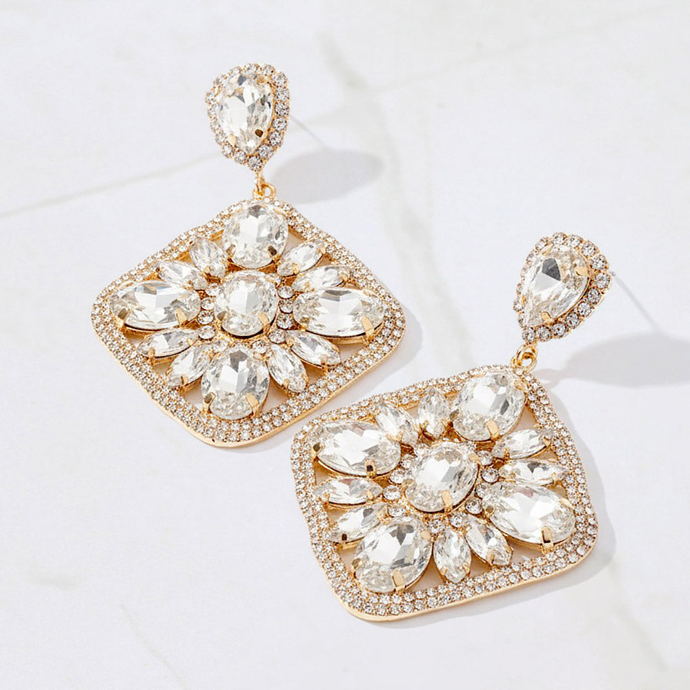 Clear Oval Marquise Stone Cluster Rhinestone Statement Earrings on Gold – Glam Evening & Pageant Jewelry |  537238
