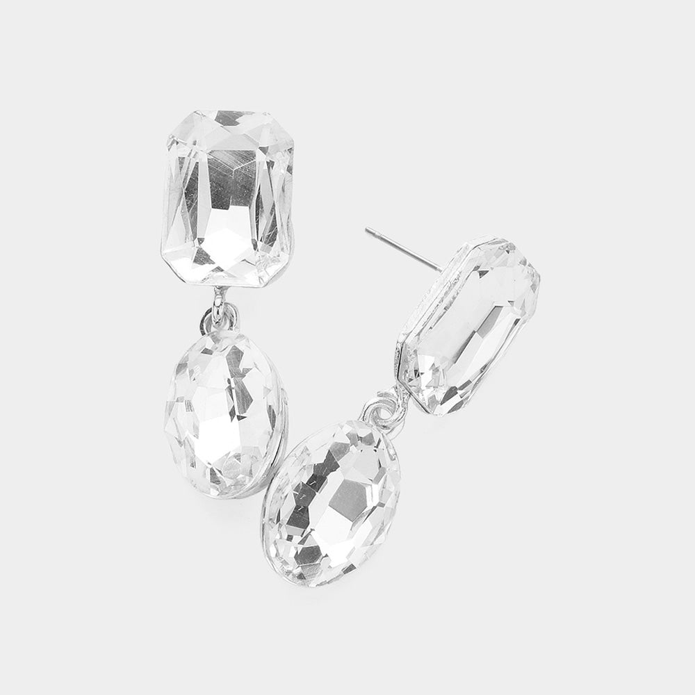 Violet Clear Crystal and Emerald Cut Stone Dangle Pageant Earrings  | Interview Drop Earrings on Silver on a light gray background