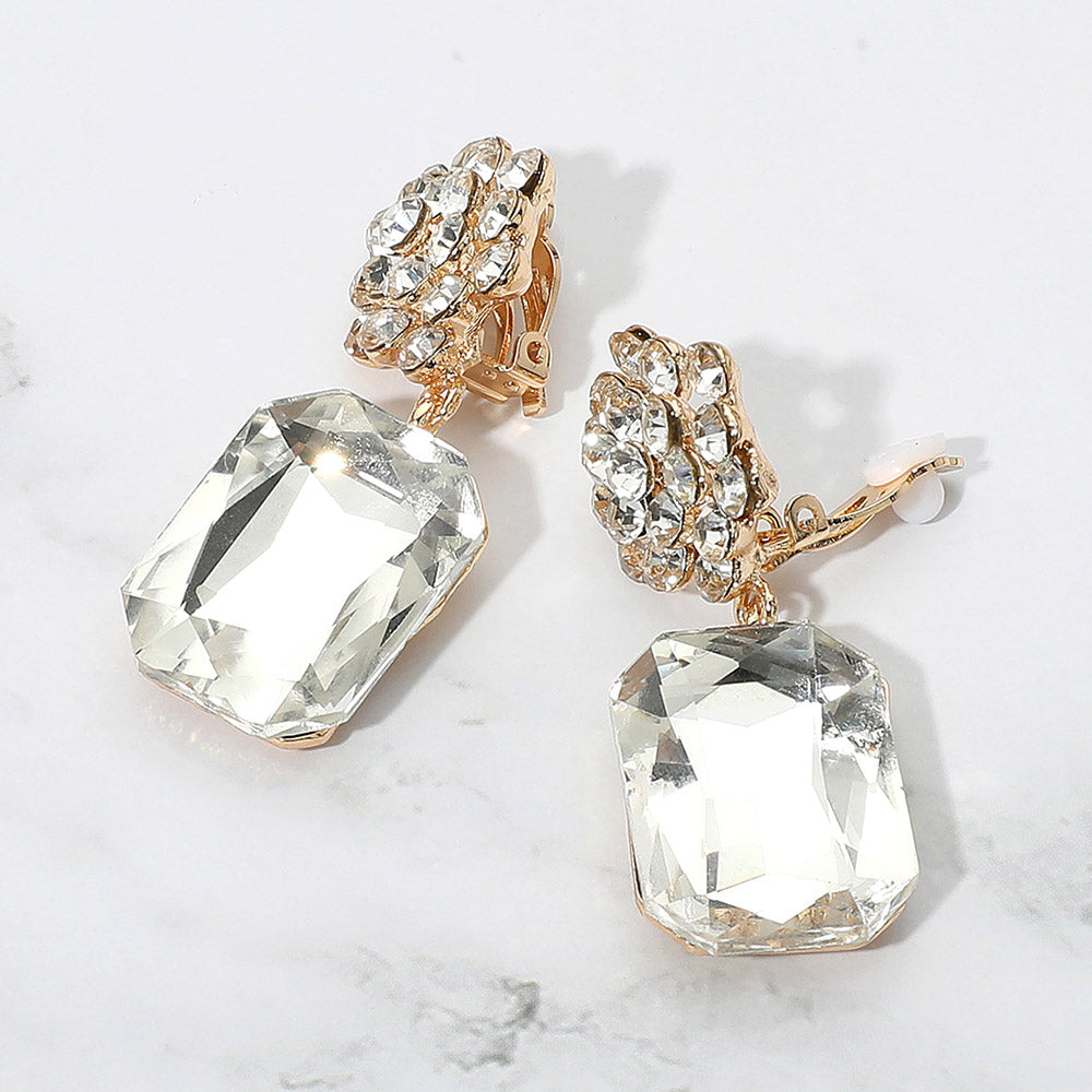 Clear Rectangle dangle stone and Rhinestone on Gold Cluster Clip On Earrings on a white background 2"