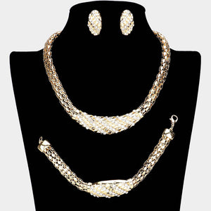 Clear rhinestone chunky chain choker 3 piece jewelry set on gold displayed on black mannequin necklace bust with matching bracelet and earrings