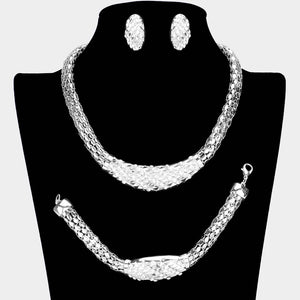 Clear rhinestone chunky chain choker 3 piece jewelry set on silver displayed on black mannequin necklace bust with matching bracelet and earrings