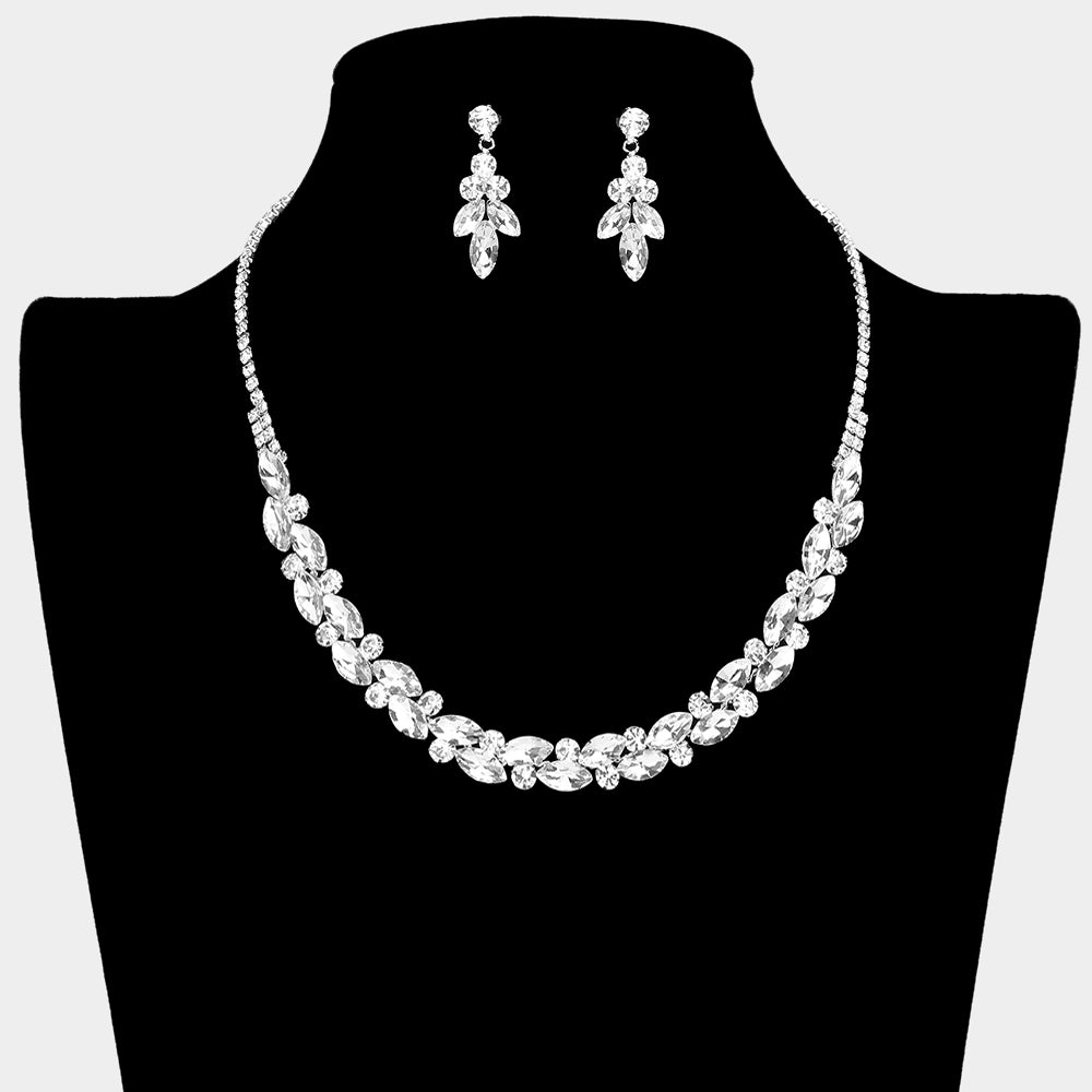 Clear Round Marquise Rhinestone Necklace on a black mannequin bust on a white background