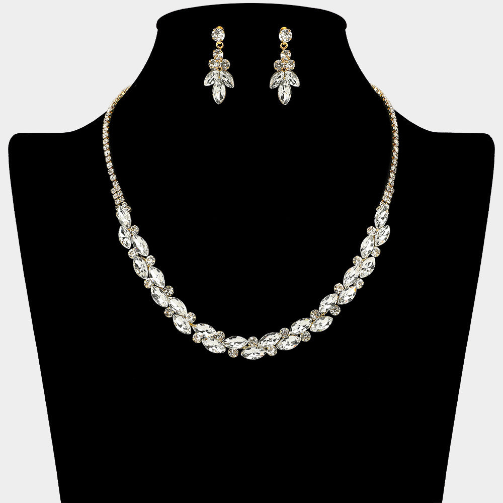 Clear Round Marquise Rhinestone Necklace on a black mannequin bust on a white background
