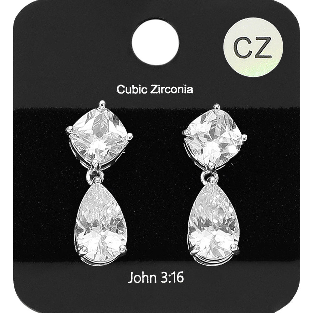 Clear teardrop CZ dangle earrings on silver with square clear top stone and teardrop drop on a black display card background