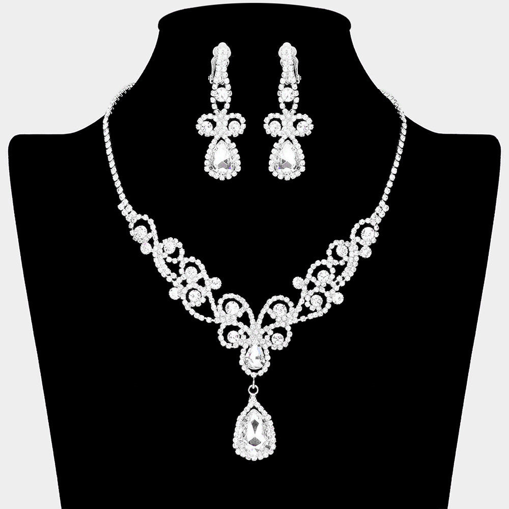 Clear teardrop crystal rhinestone vine necklace set with clip-on earrings on black bust