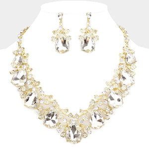 Clear Teardrop Rhinestone Floral Necklace Set on Gold– Crystal Prom Evening Jewelry |  523150