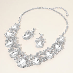 Clear Teardrop Rhinestone Floral Necklace Set on Silver – Crystal Prom Evening Jewelry |  479366