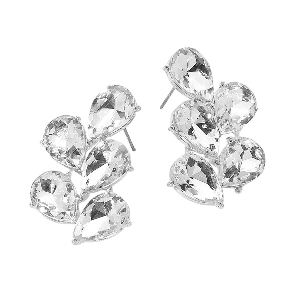 Clear Teardrop Stone Cluster Earrings backed in silver on a white background