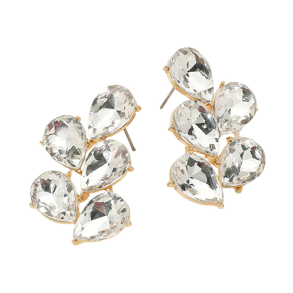Clear Teardrop Stone Cluster Earrings backed in gold on a white background