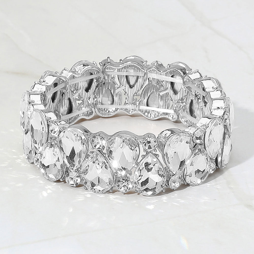 Clear Teardrop Stone Cluster Stretch Prom Evening Bracelet on Silver |  663850