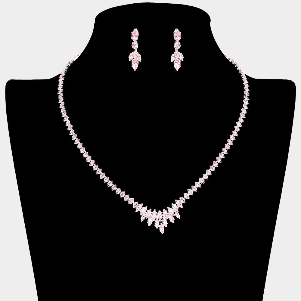 Cluster of Pink Marquise Stone Necklace Set  | Pink Prom and Homecoming Jewelry Necklace Sets   |  680237