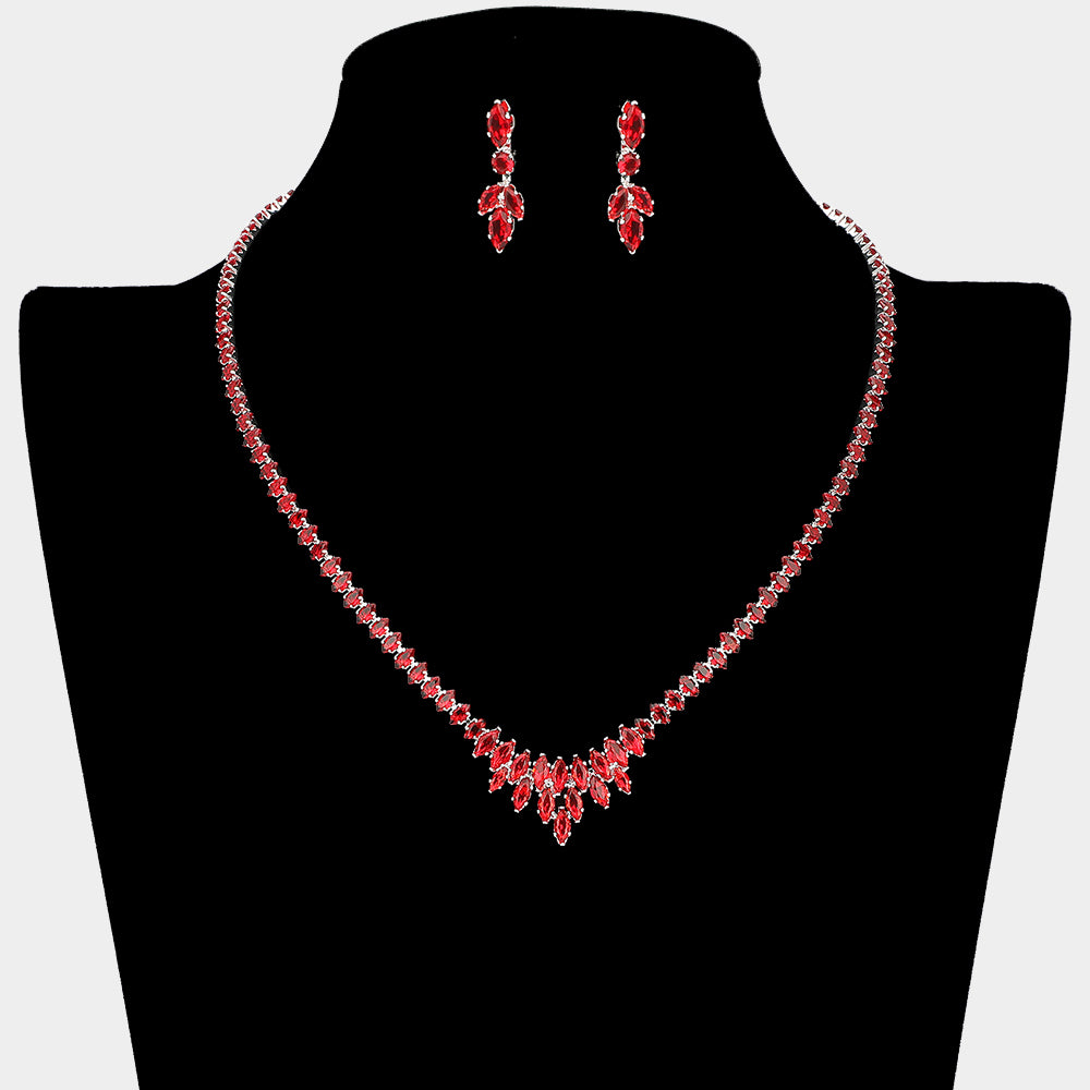 Cluster of Red Marquise Stone Necklace Set  | Red Prom and Homecoming Jewelry Necklace Sets   |  680239