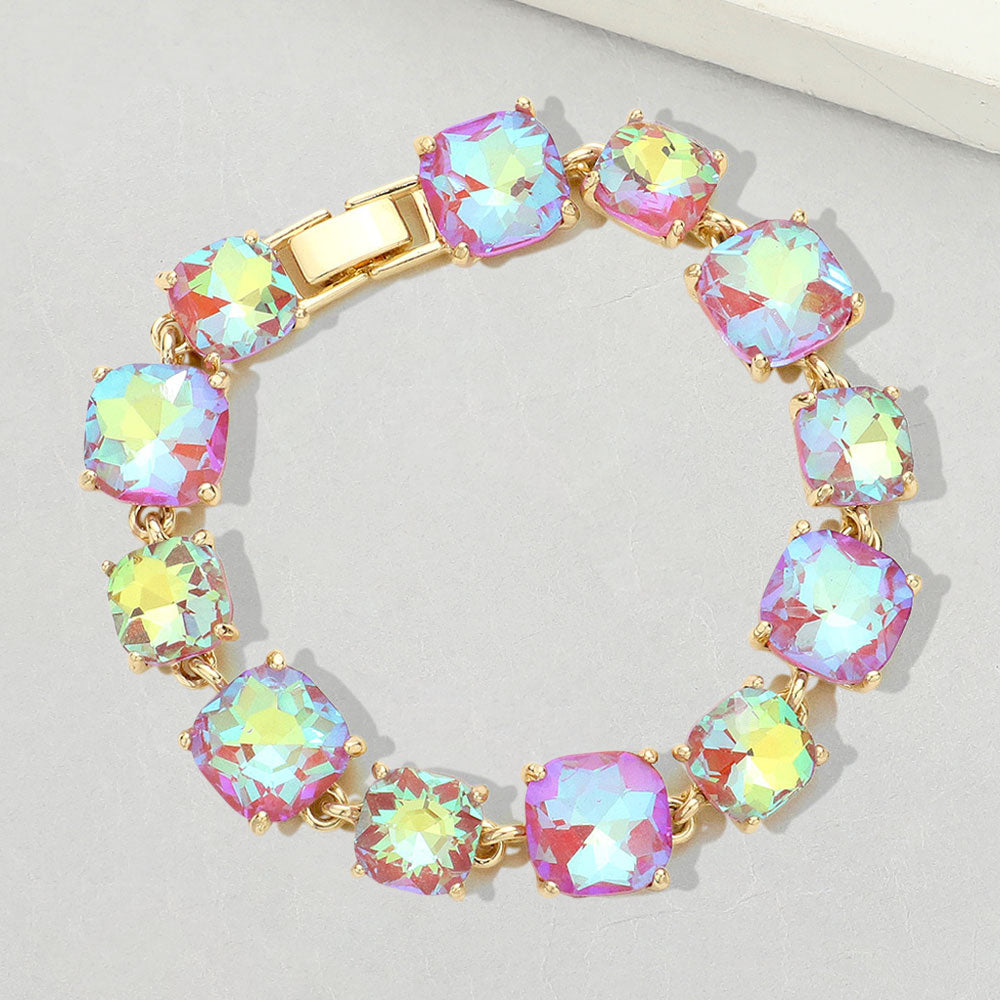 Coral AB Cushion Square Stone Link Bracelet Gold Backed on a white background