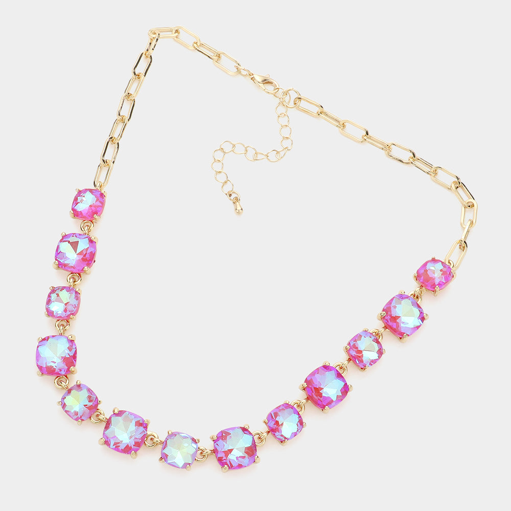 Coral AB Cushion Square Stone Link Pageant Necklace | Prom Necklace, gold backed, on a beige background. 