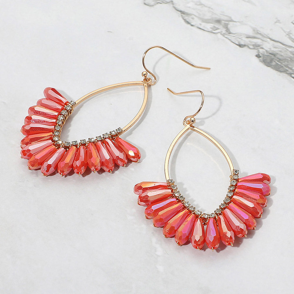 Coral Faceted Beaded Open Marquise Fan Dangle Earrings