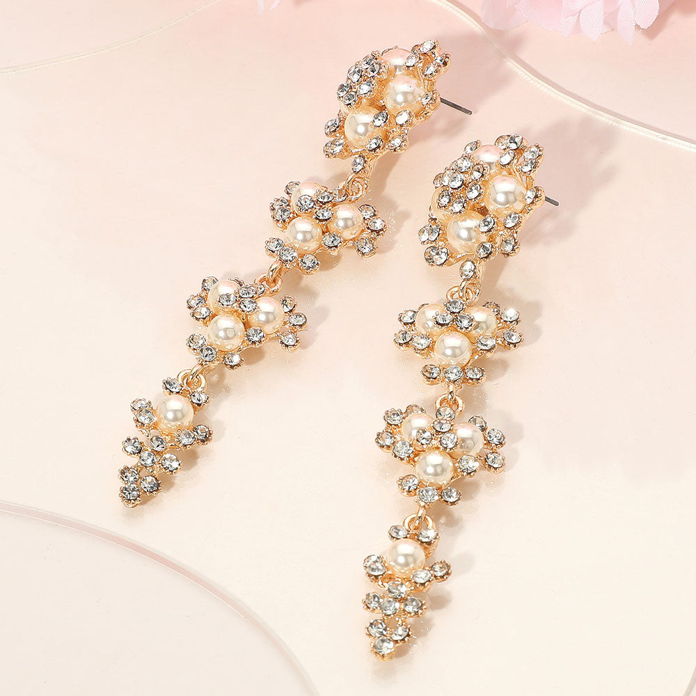 Cream Pearl Floral Rhinestone Cluster Drop Earrings on Gold – Elegant Bridal Jewelry for Weddings & Special Events |  666694