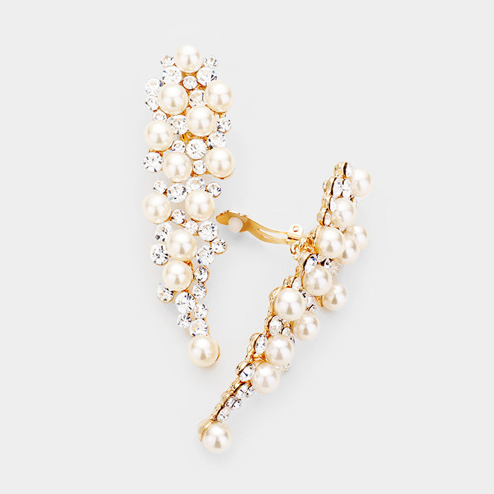Cream pearl and crystal cluster bridal formal clip-on earrings on gold on white background