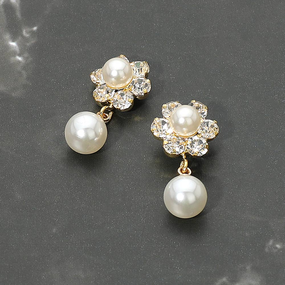 Cream Pearl Floral Drop Earrings On Gold Elegant Small Bridal Jewelry for Weddings & Special Occasions | L&M Bling Cream Pearl Floral Drop Earrings On Gold Elegant Small Bridal Jewelry for Weddings & Special Occasions | L&M Bling