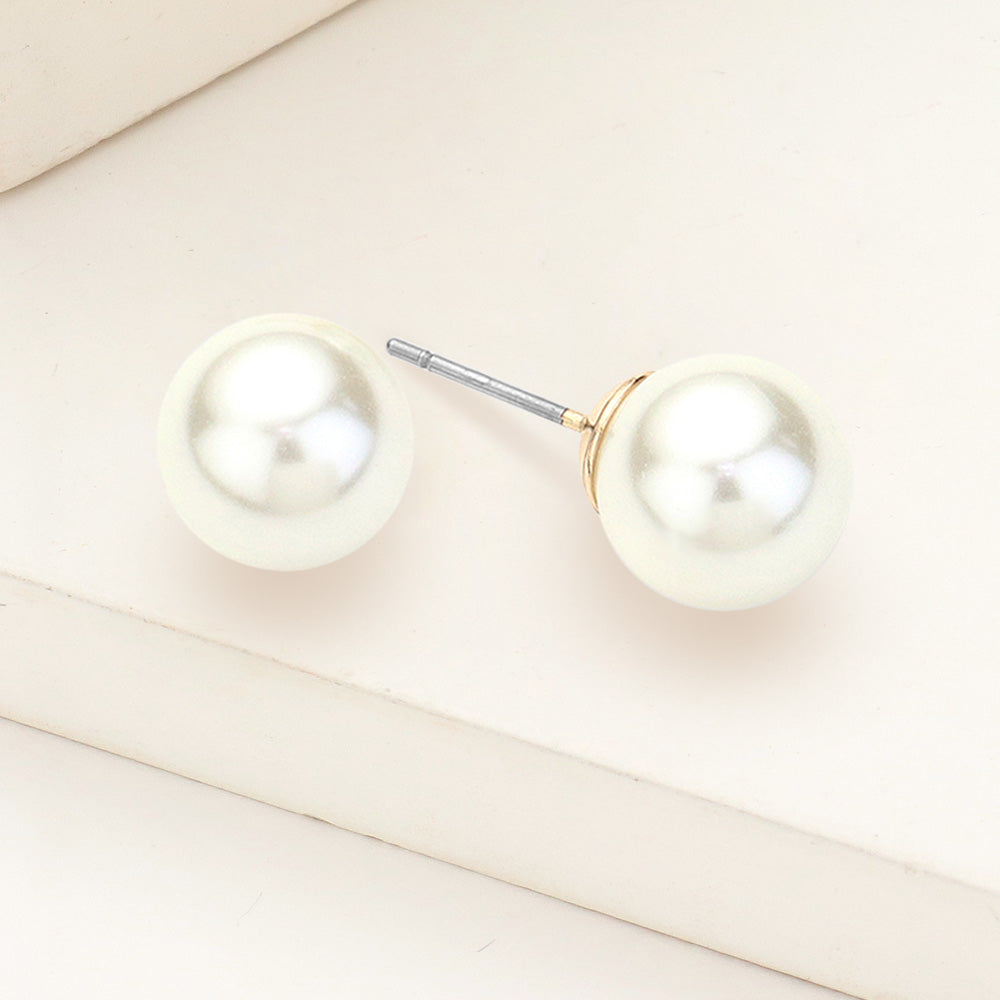 Cream pearl stud earrings 0.4 inch 10mm on gold on beige background