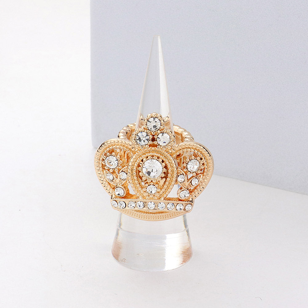 Crystal Embellished Crown Stretch Ring on gold