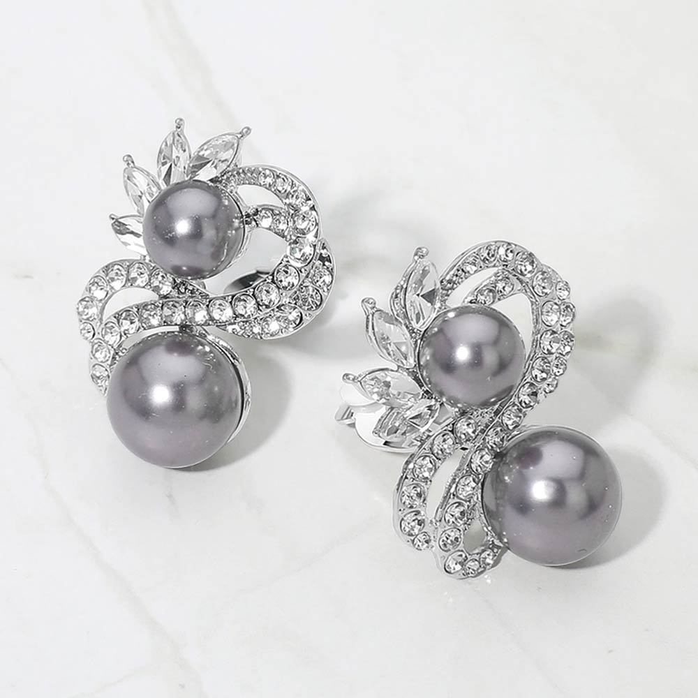 Double Gray Pearl Rhinestone Pave Swirl Evening Clip-On Earrings on Silver |  690532