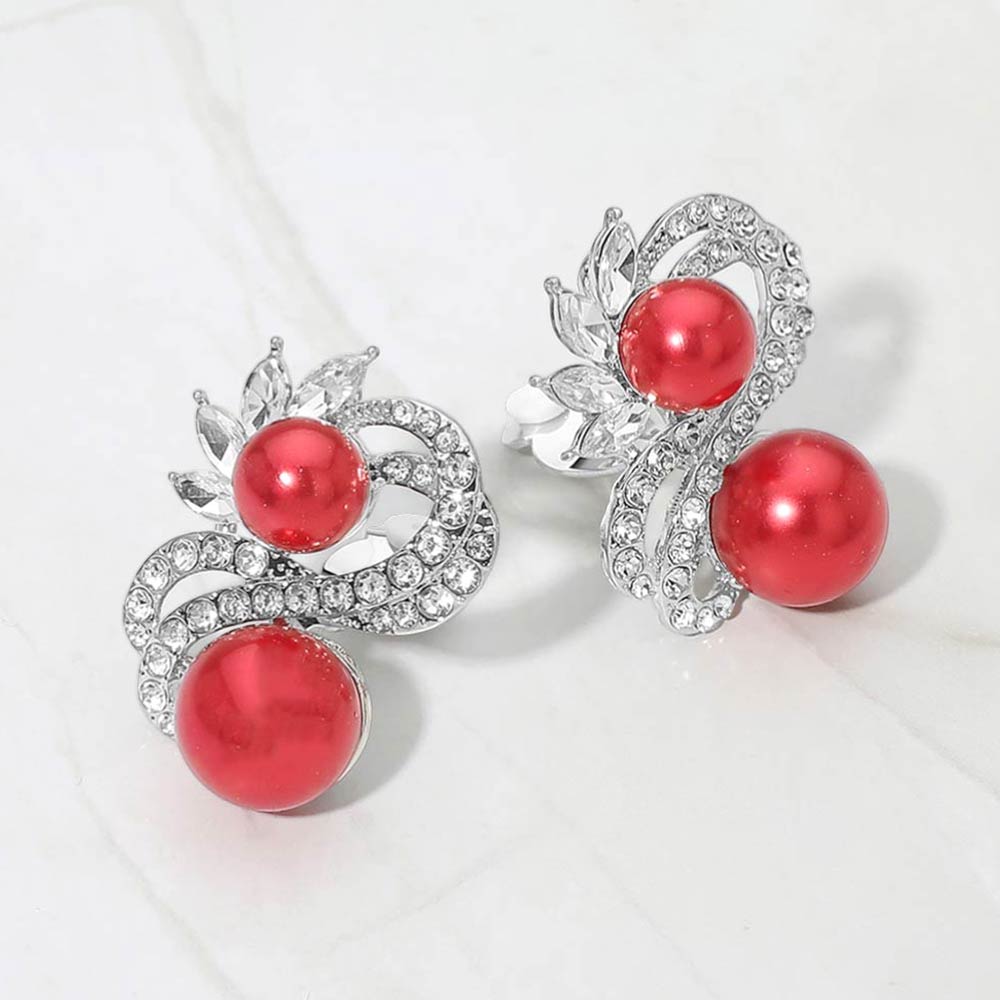 Double Red Pearl Rhinestone Pave Swirl Evening Clip-On Earrings on Silver |  690533