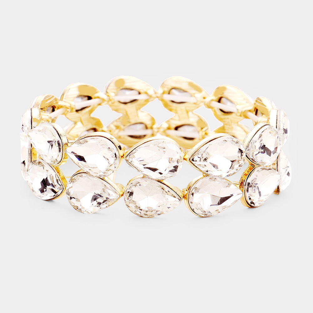 Clear Double Row Crystal Teardrop Stretch Bracelet on Gold
