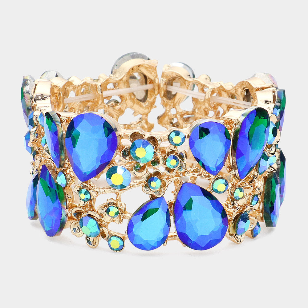 Blue AB Crystal Teardrop Floral Stretch Bracelet  |  624251