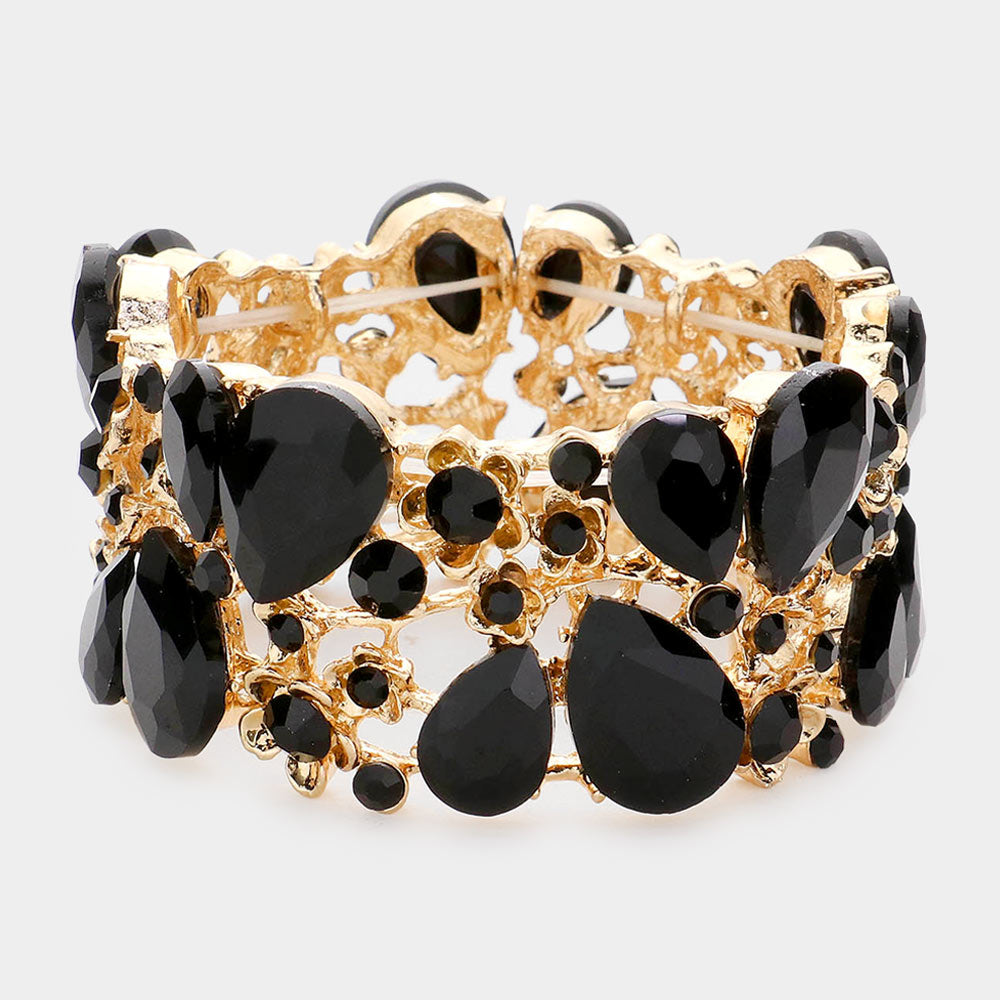 Black Crystal Teardrop Floral Stretch Bracelet