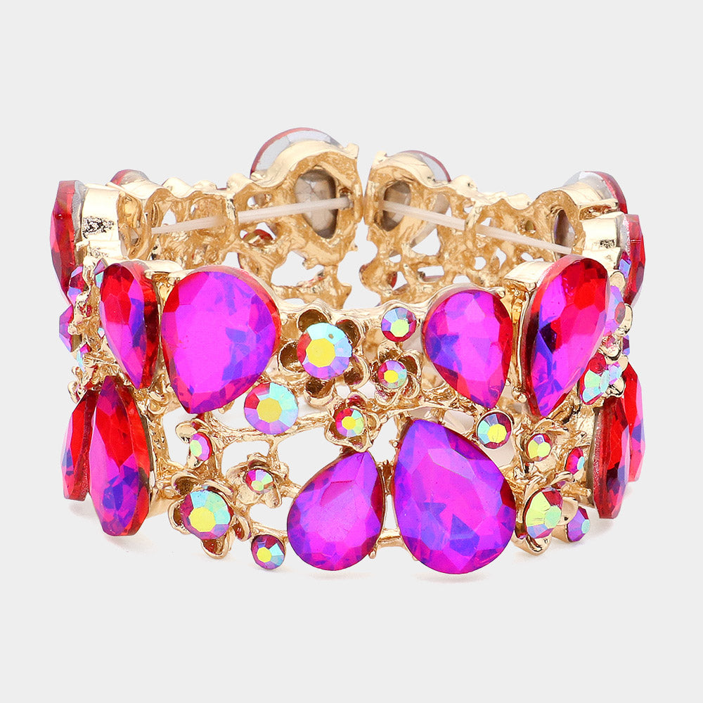 Purple AB Crystal Teardrop Floral Stretch Bracelet 