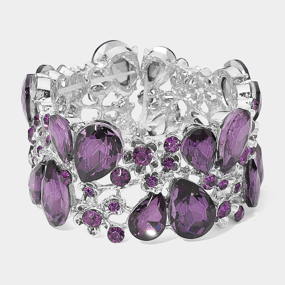 Purple Crystal Teardrop Floral Stretch Bracelet