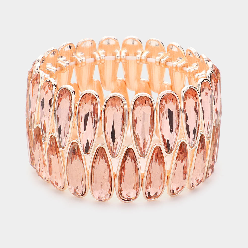 Peach Elongated Teardrop Stone Pageant Bracelet on Rose Gold  | Prom Bracelet