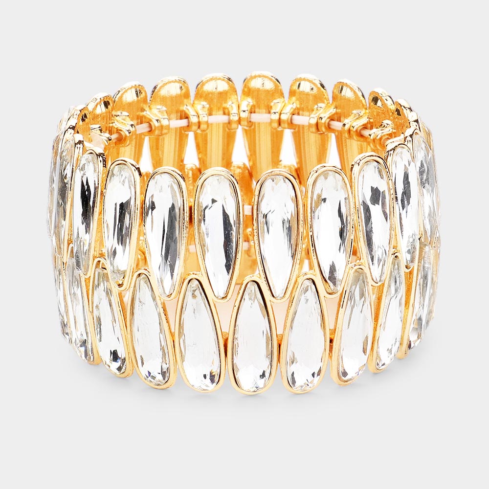 Clear Elongated Teardrop Stone Pageant Bracelet on Gold | Prom Bracelet