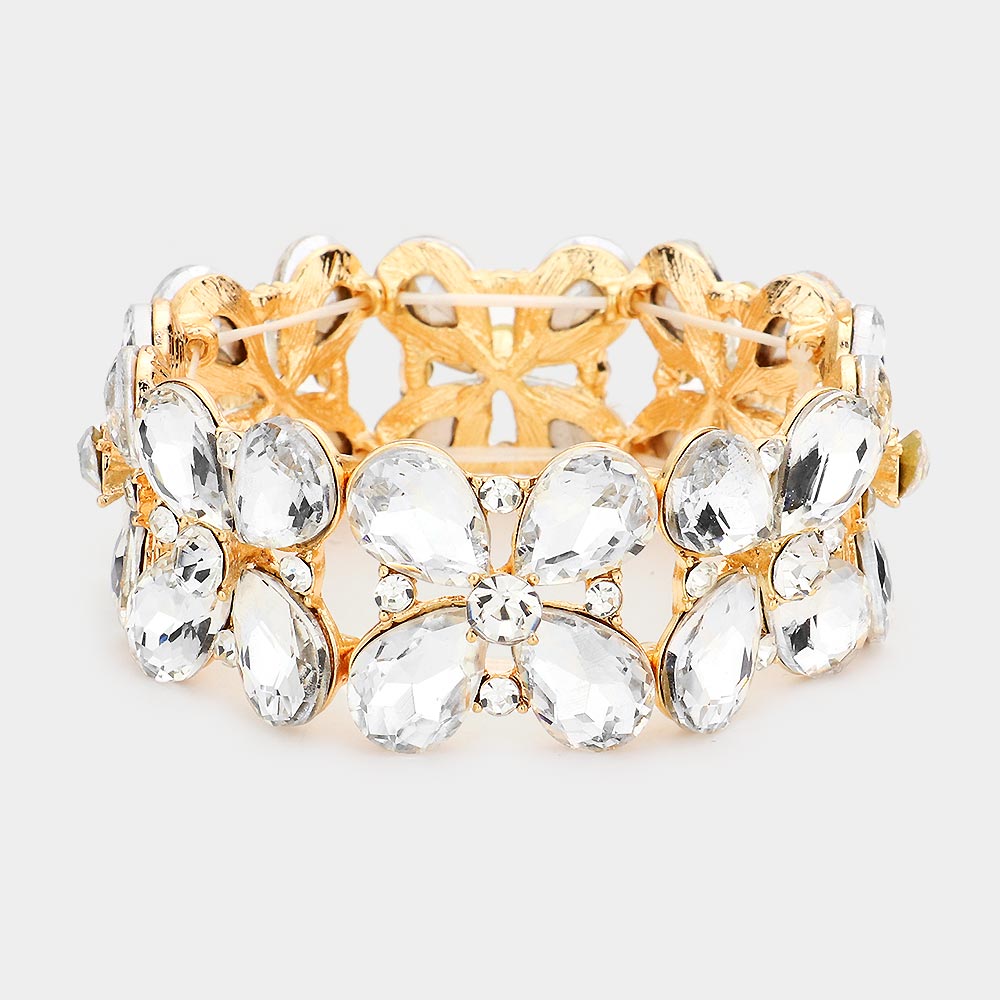 Clear Crystal Teardrop Pageant Stretch Bracelet on Gold | Evening Bracelet