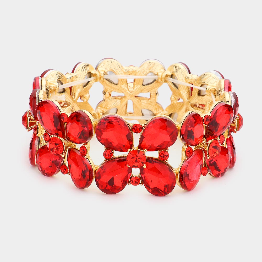 Red Crystal Teardrop Pageant Stretch Bracelet  | Evening Bracelet