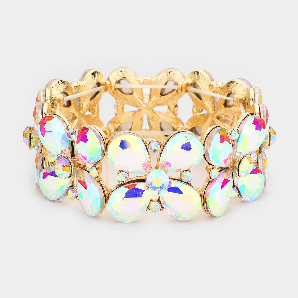 AB Crystal Teardrop Pageant Stretch Bracelet on Gold | Evening Bracelet