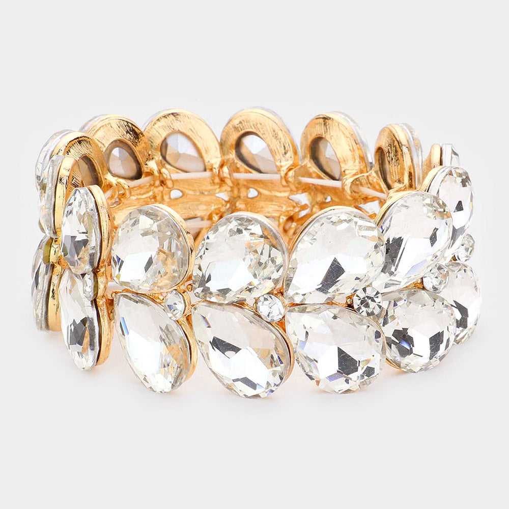 Clear Teardrop Stone Stretch Pageant Bracelet on Gold | Clear Bracelet