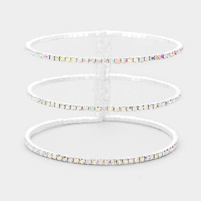 3 Row Split Layer Round AB Crystal Cuff Bracelet on Silver on a grey background