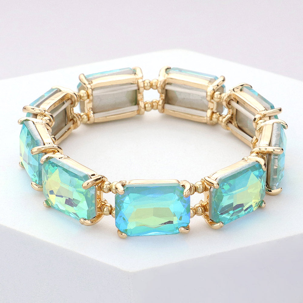 Aqua AB Emerald Cut Stone Stretch Pageant Bracelet | Stretch Prom Bracelet 