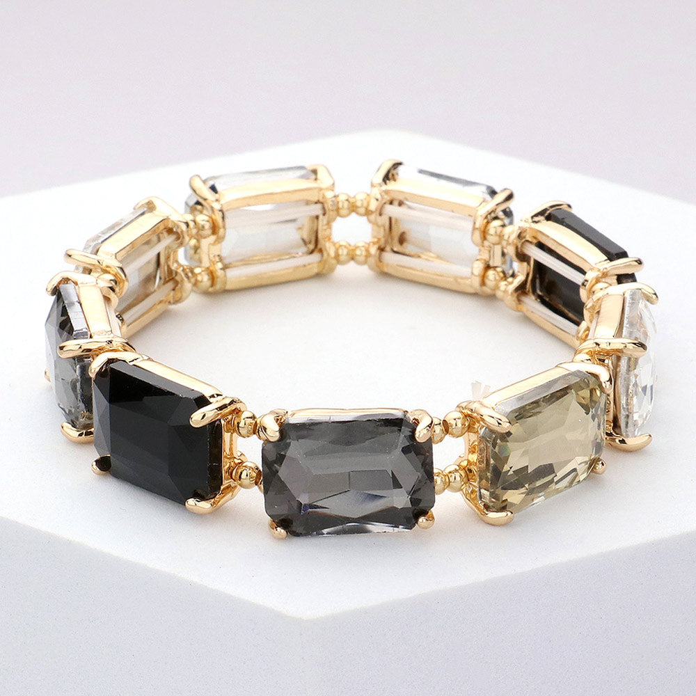 Black Emerald Cut Stone Stretch Pageant Bracelet | Stretch Prom Bracelet