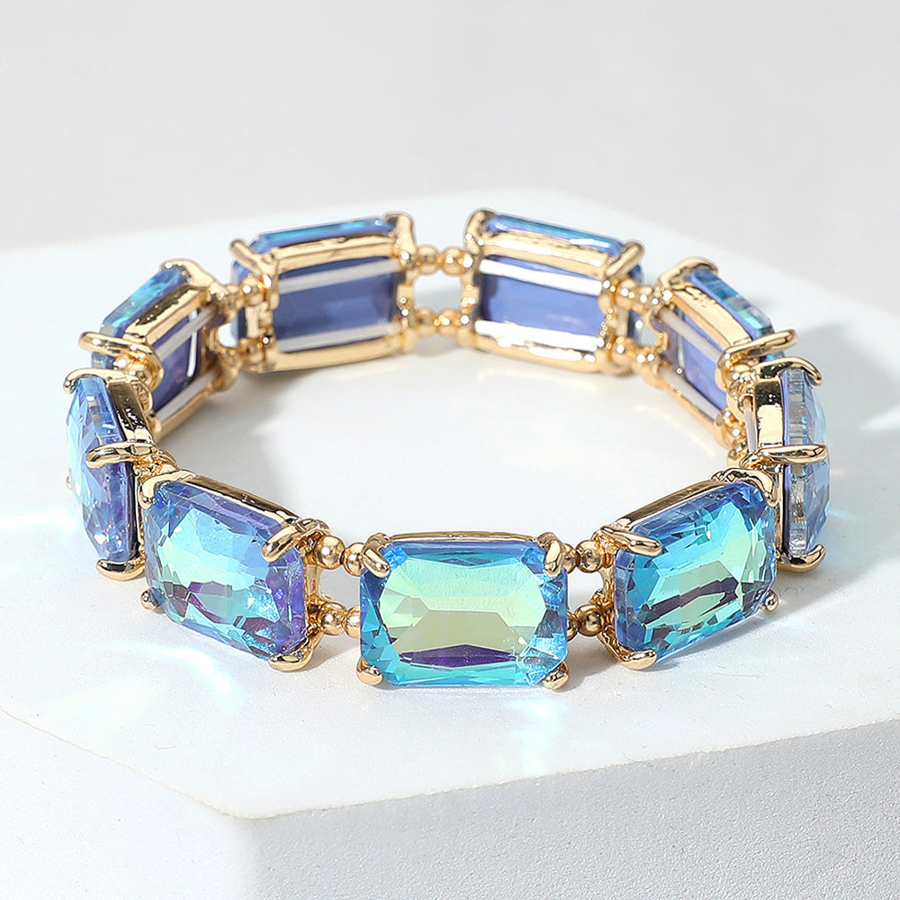 Blue AB Emerald Cut Stone Stretch Pageant Bracelet | Stretch Prom Bracelet