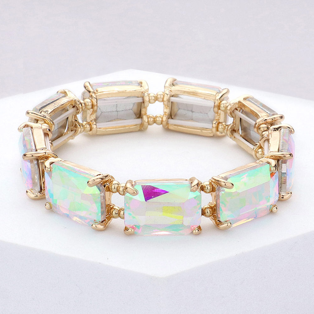 AB Emerald Cut Stone Stretch Pageant Bracelet on Gold | Stretch Prom Bracelet