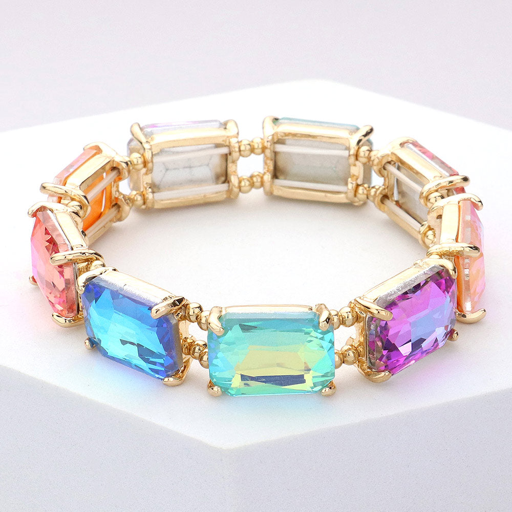 Multi-Color AB Emerald Cut Stone Stretch Pageant Bracelet | Stretch Prom Bracelet