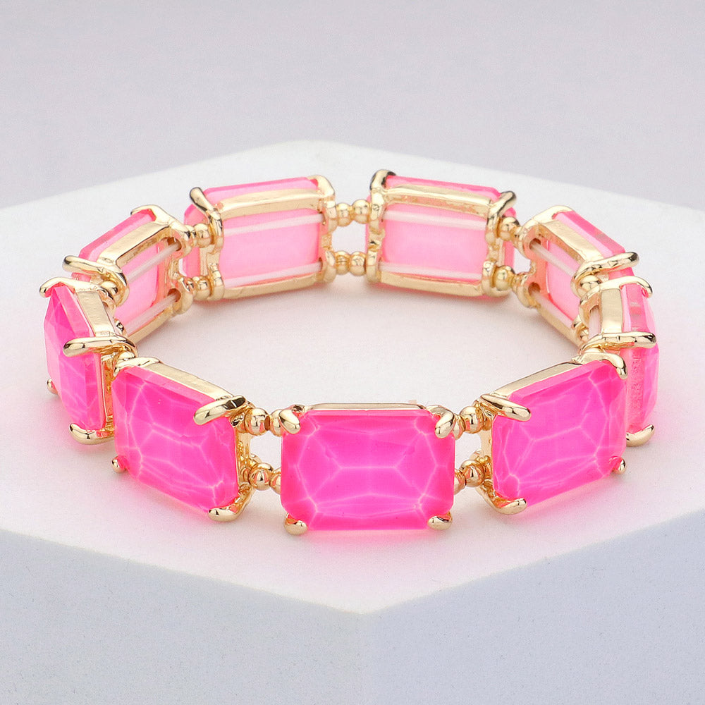 Neon Pink Emerald Cut Stone Stretch Pageant Bracelet | Stretch Prom Bracelet