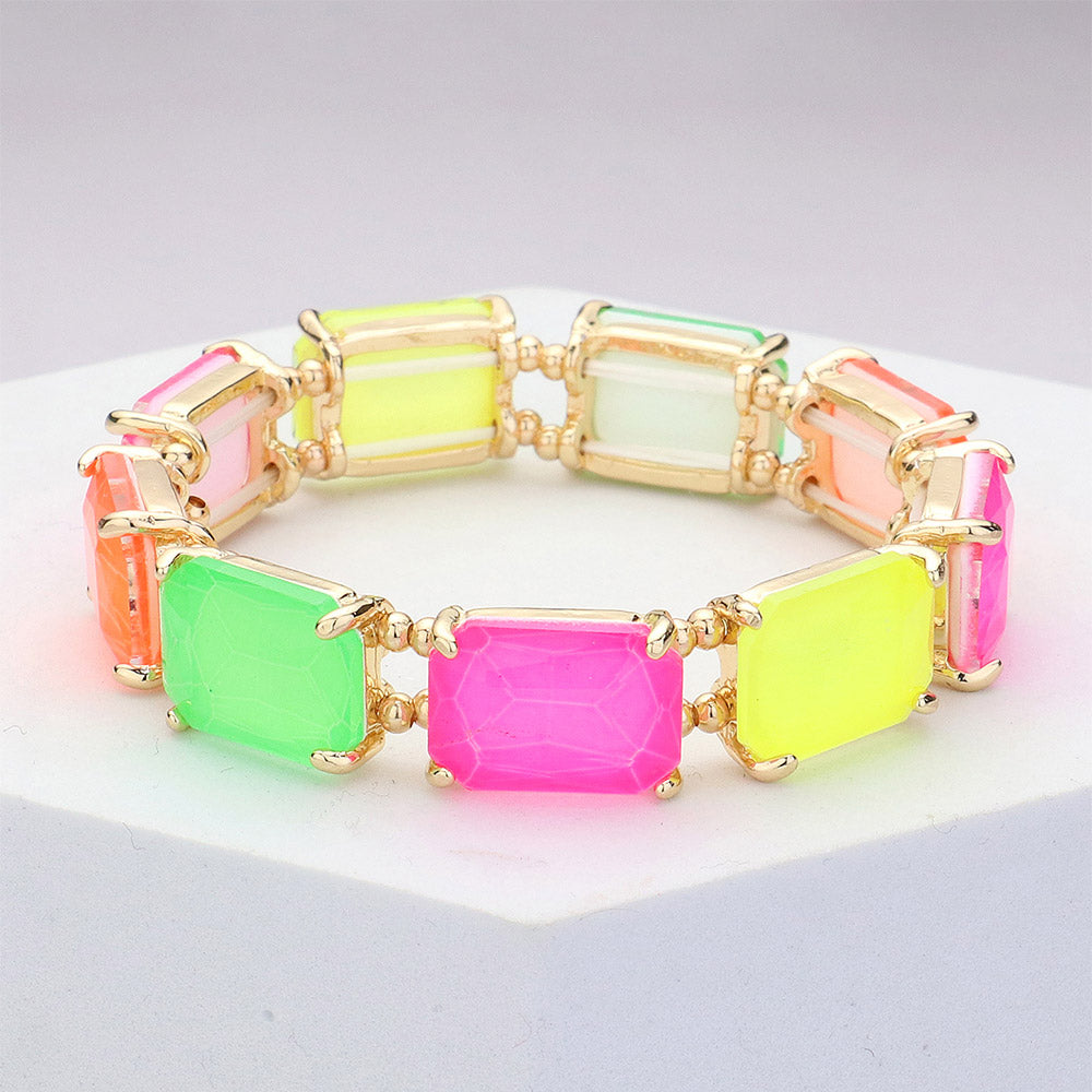 Neon Multi-Color Emerald Cut Stone Stretch Pageant Bracelet | Stretch Prom Bracelet