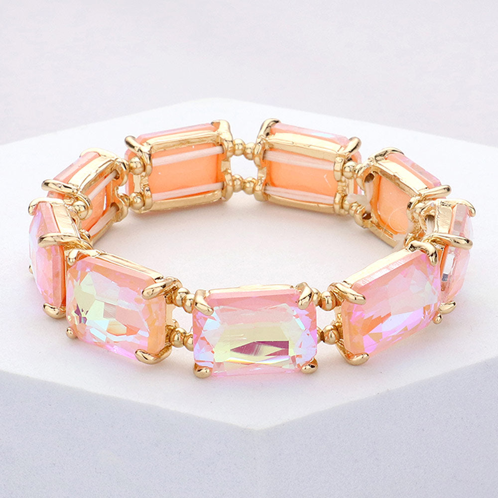 Pink AB Emerald Cut Stone Stretch Pageant Bracelet | Stretch Prom Bracelet