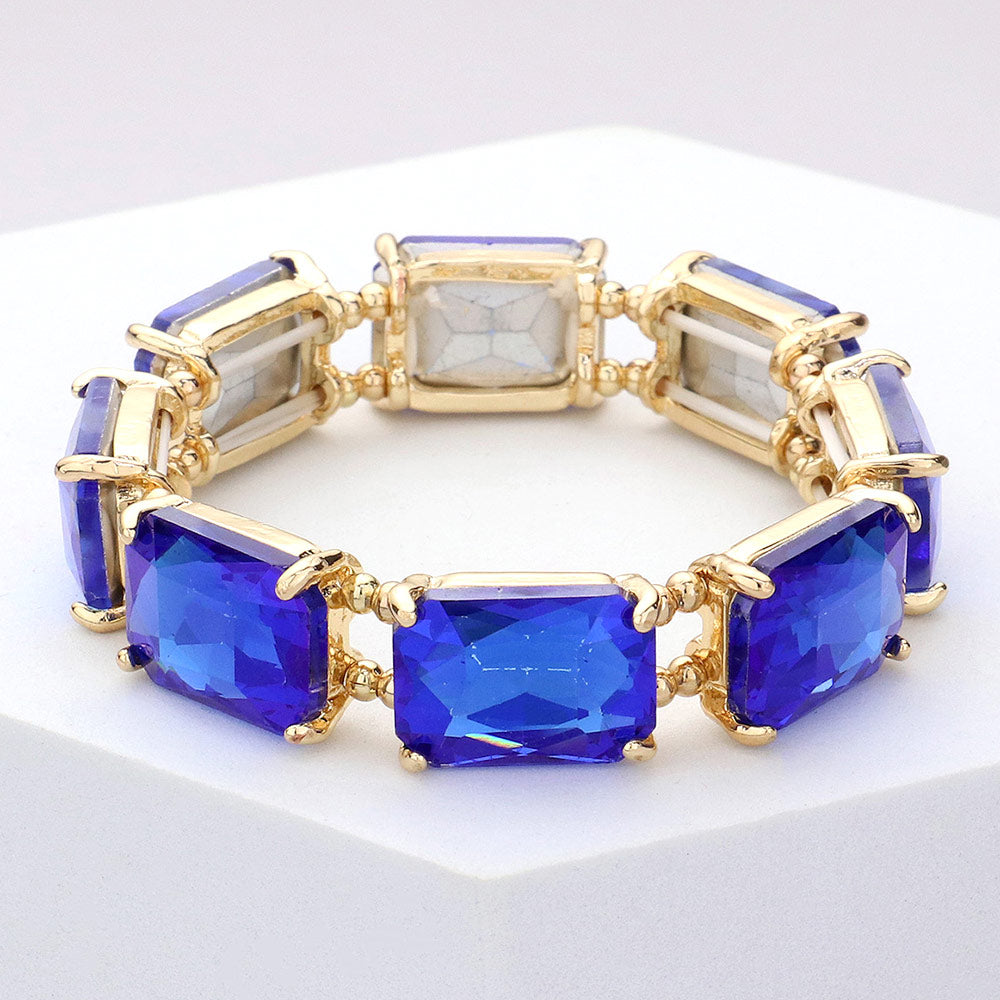 Royal Blue AB Emerald Cut Stone Stretch Pageant Bracelet | Stretch Prom Bracelet