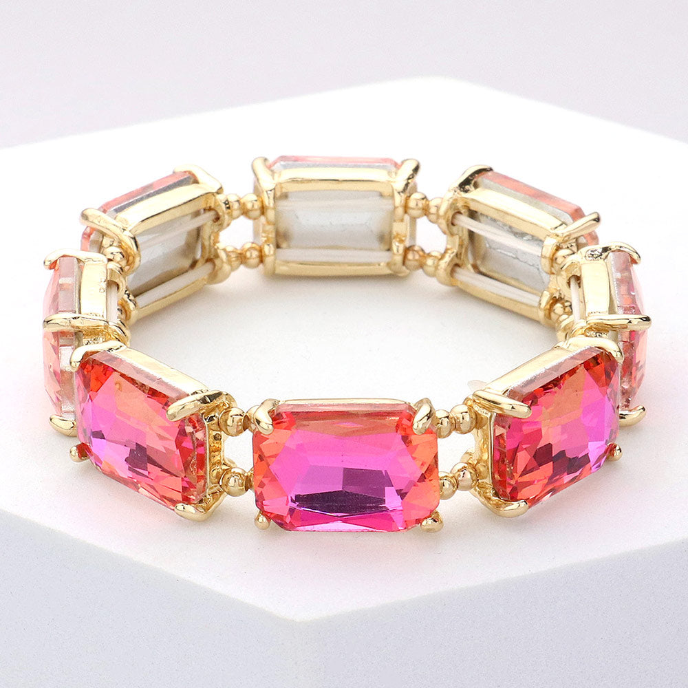 Pink AB Emerald Cut Stone Stretch Pageant Bracelet | Stretch Prom Bracelet